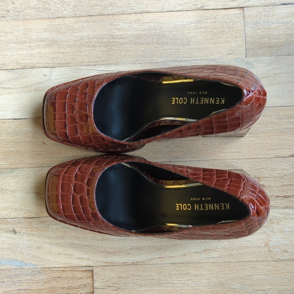 Women's 6.5 Croc-Embossed Brown Platform Heels KENNETH COLE NY - Picture 7 of 8